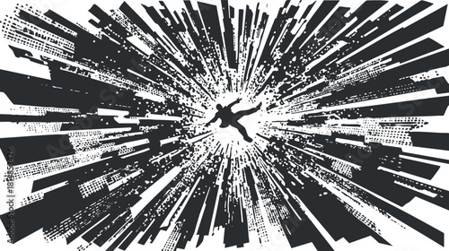 Dynamic black and white vector illustration of an explosive burst effect with a falling silhouette, perfect for action-themed designs.