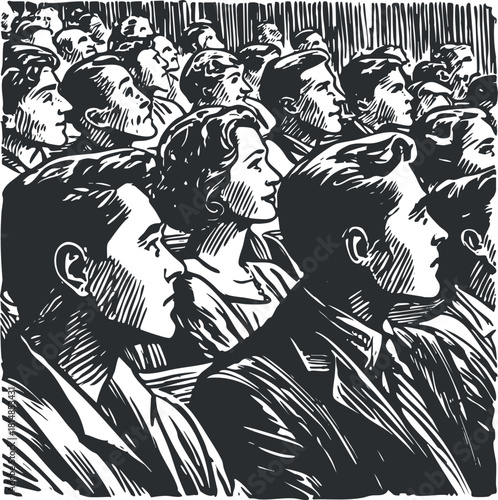Vintage black and white vector illustration of an audience watching a performance in a theater setting