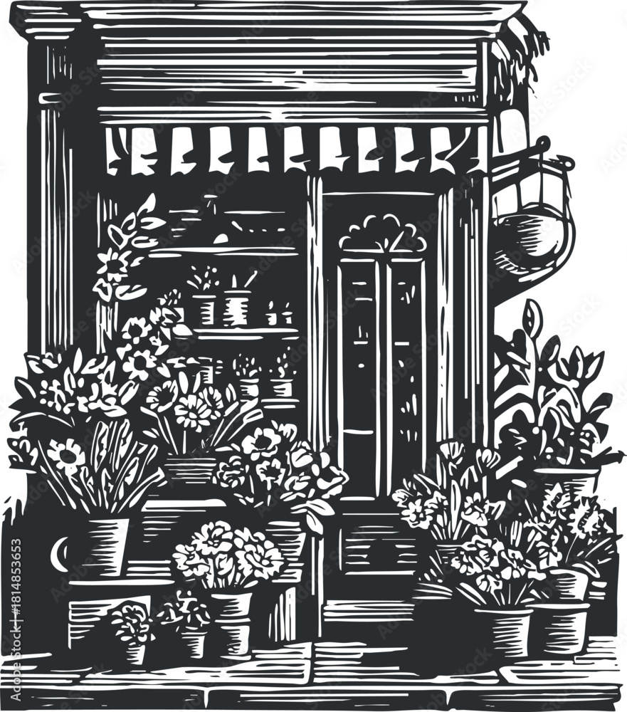 Fototapeta premium Vintage black and white vector illustration of a charming storefront filled with potted flowers and plants.