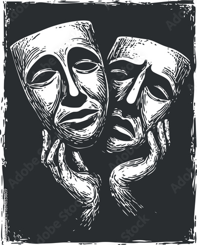 Vintage black and white vector illustration of theatrical masks representing comedy and tragedy, ideal for art and cultural projects