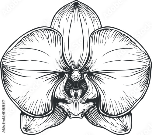 Detailed black and white vector illustration of an orchid flower for botanical art and design projects