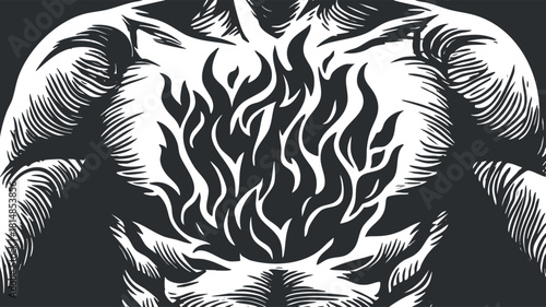 Bold vector illustration of a muscular body with flames emerging from the chest, symbolizing passion and strength.