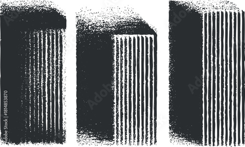 Vintage-style vector illustration of three distinct skyscrapers showcasing unique architectural designs and textures for urban-themed projects