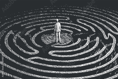 Abstract black and white vector illustration of a person standing in a complex maze, symbolizing challenges and decision-making.