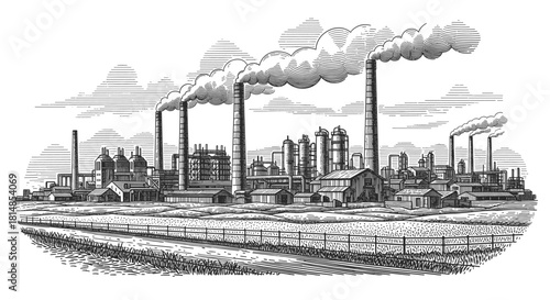 Black and white illustration of two smokestacks emitting smoke, environmental impact