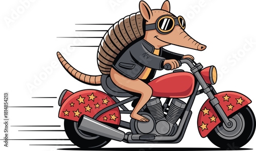 Cool armadillo riding red motorcycle with stars, wearing goggles and leather jacket, fast cartoon animal biker in motion scene – flat vector illustration