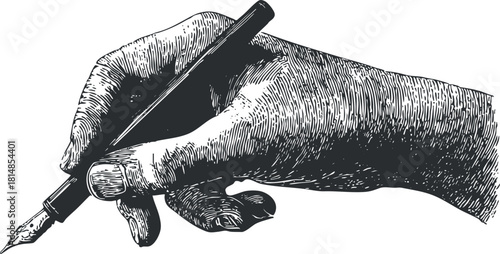 Detailed vintage vector illustration of a hand holding a fountain pen, ideal for educational and creative projects.