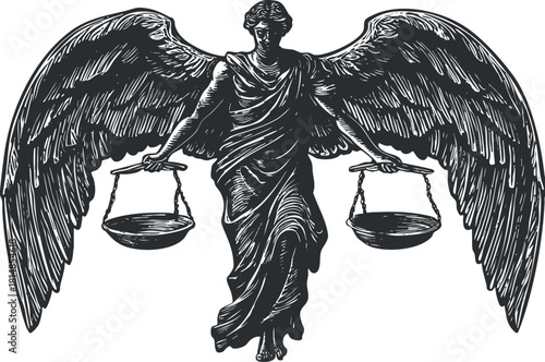Vintage black and white vector illustration of an angelic figure holding scales of justice, symbolizing law and order