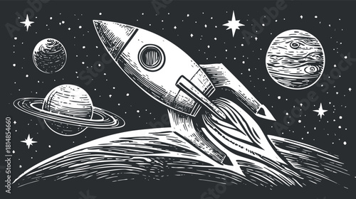 Vintage black and white vector illustration of a rocket launching into space with planets and stars in the background
