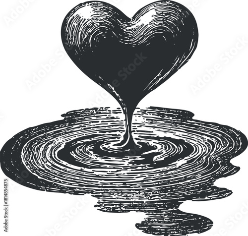 Stylized black and white vector illustration of a heart creating ripples in water, representing love and emotions.