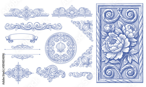 engraving illustration of victorian, rococo, baroque style elements. book cover, social media, t shirt design application