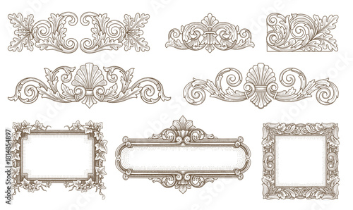 engraving illustration of victorian, rococo, baroque style elements. book cover, social media, t shirt design application