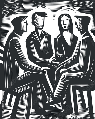 Abstract black and white vector illustration of four people engaged in discussion, ideal for social interaction and teamwork concepts