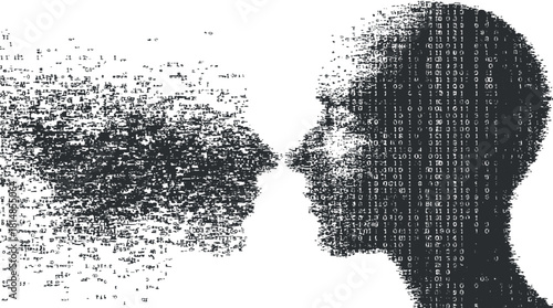 Abstract vector illustration of two human profiles connected by digital binary data, symbolizing communication and technology