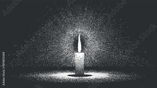 Minimalist black and white vector illustration of a candle with radiant light effects, perfect for spiritual and decorative design projects