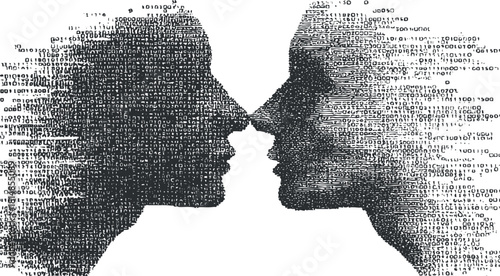 Abstract vector illustration of two faces created with binary code, representing digital communication and connection in technology.