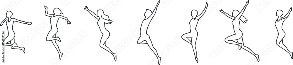 Fototapeta premium Stylized vector illustration of dynamic human figures in various jumping poses, suitable for fitness and dance concepts.