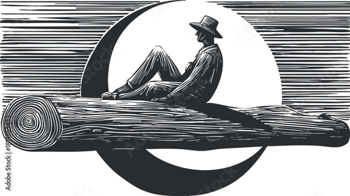 Stylized vector illustration of a man relaxing on a log under a crescent moon, ideal for nature-themed projects