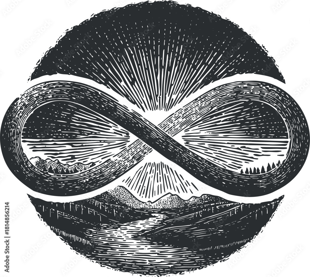 Obraz premium Vintage black and white vector illustration of an infinity symbol integrated with a natural landscape featuring mountains and rays of light.