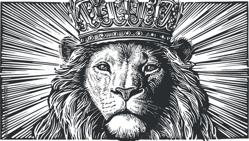 Intricate black and white vector illustration of a lion wearing a crown, symbolizing power and royalty for various design applications