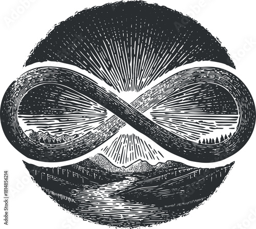 Vintage black and white vector illustration of an infinity symbol integrated with a natural landscape featuring mountains and rays of light.