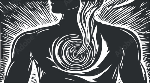Abstract black and white vector illustration of a human figure with a swirling spiral representing energy flow and transformation