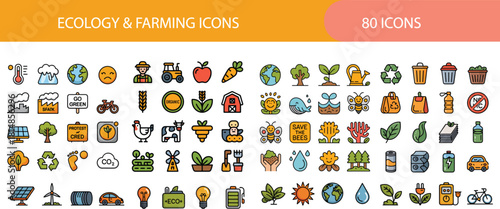 Ecology and farming icon set. Containing solar panels, wind turbines, recycling bins, electric cars, tractors, organic vegetables, farm animals, green trees, renewable energy bulbs and many more