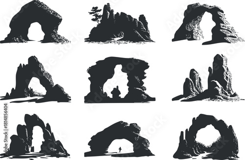 Silhouette vector icon set showcasing various rock formations and arches for nature and outdoor-themed projects
