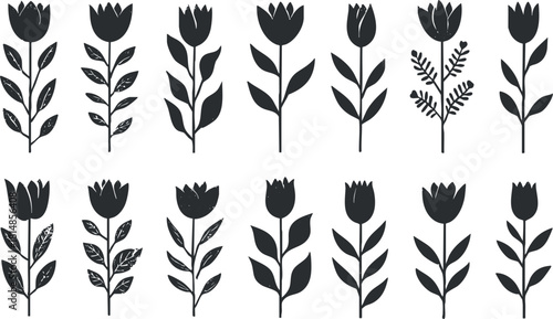Set of minimalist black and white vector illustrations featuring various floral designs and plant elements for decorative purposes
