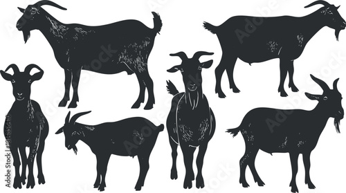 Collection of black silhouette vector illustrations featuring various goat breeds for agricultural and animal-themed design projects