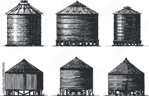 Vintage black and white vector illustration of various silos showcasing different designs and structures for agricultural use