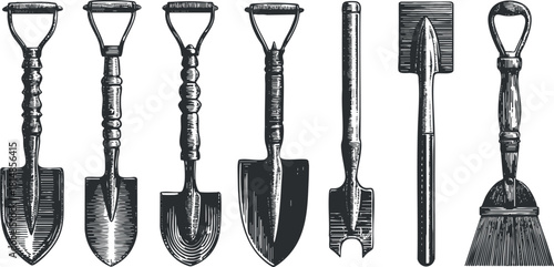 Vintage black and white vector illustration of a collection of various gardening and landscaping tools including shovels and a broom