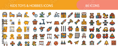 Kids toys and hobbies icon set. Containing teddy bears, building blocks, rocking horses, crayons, kites, bicycles, rubber ducks, toy cars, playground slides, spinning tops and more