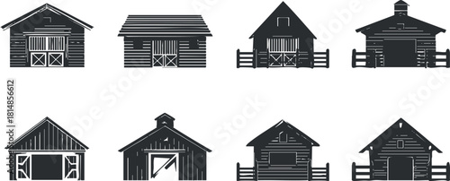 Set of black and white vector illustrations featuring various barn designs for agricultural and rural themes