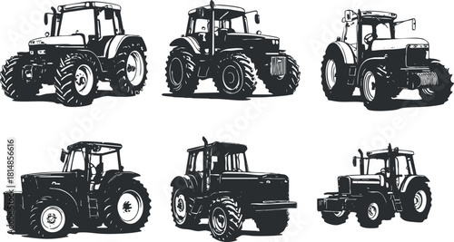 Collection of six black and white tractor vector illustrations showcasing various styles for agricultural and farming projects