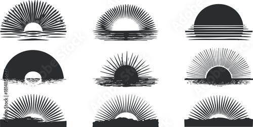 Collection of minimalist black and white vector illustrations depicting various styles of sunrises and sunsets for design projects