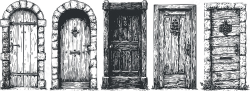 Hand-drawn collection of vintage wooden doors in black and white style for architectural and design projects