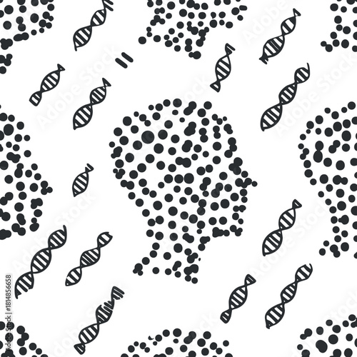 Abstract vector pattern featuring dotted human profiles and DNA strands, ideal for health and science projects.