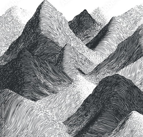 Intricate black and white vector illustration of mountainous landscape, featuring stylized peaks and valleys for artistic projects.