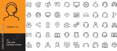 Contact us icons, editable stroke, support sketch, communication outline, black and white, vector illustration