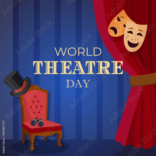 Festive World Theatre Day vector with stage curtain, comedy and tragedy masks, red chair, top hat and binoculars. Elegant celebration design for events, posters, performances and cultural projects.
