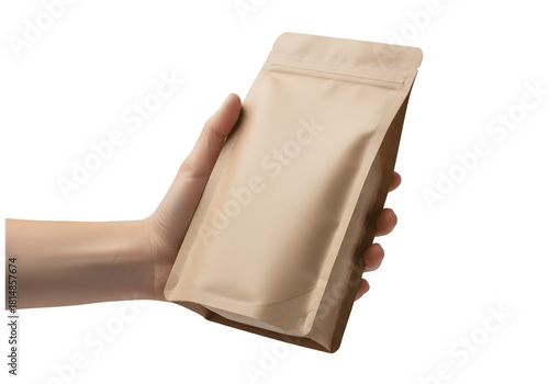 Hand Holding Blank Brown Kraft Paper Doypack Pouch Mockup Isolated on Transparent Background PNG