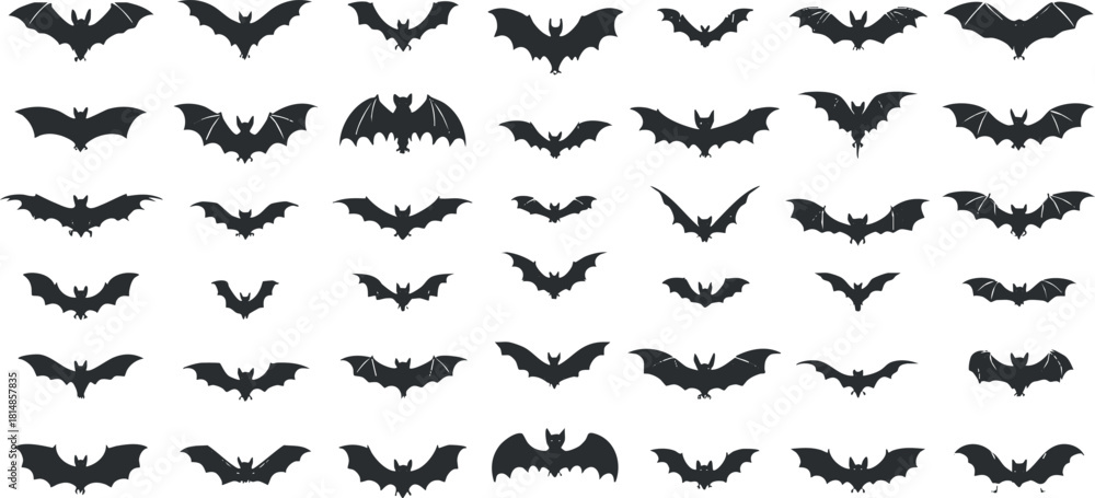 Fototapeta premium Collection of black silhouette vector illustrations of various bat designs, suitable for Halloween themes and graphic projects