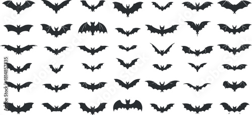 Collection of black silhouette vector illustrations of various bat designs, suitable for Halloween themes and graphic projects