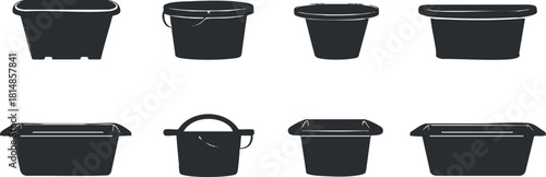 Vector icon set featuring various black silhouettes of buckets and containers for household and utility purposes
