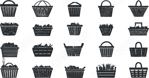 Collection of black and white vector illustrations of various baskets filled with fruits and vegetables for grocery and market themes