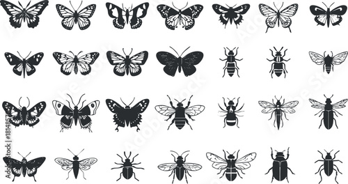 Silhouette vector icon set featuring a diverse collection of butterflies, bees, and beetles for nature-themed designs.
