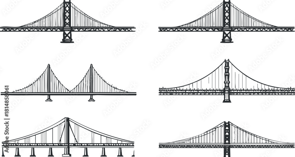 Fototapeta premium Set of minimalist black and white vector illustrations featuring various types of bridges for urban design and architecture projects