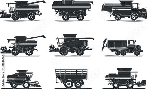 Silhouette vector icon set showcasing various agricultural vehicles and equipment for farming and harvesting design projects