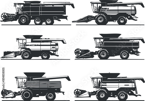 Silhouette vector illustration set of modern agricultural harvesters and combines for farming and machinery design projects